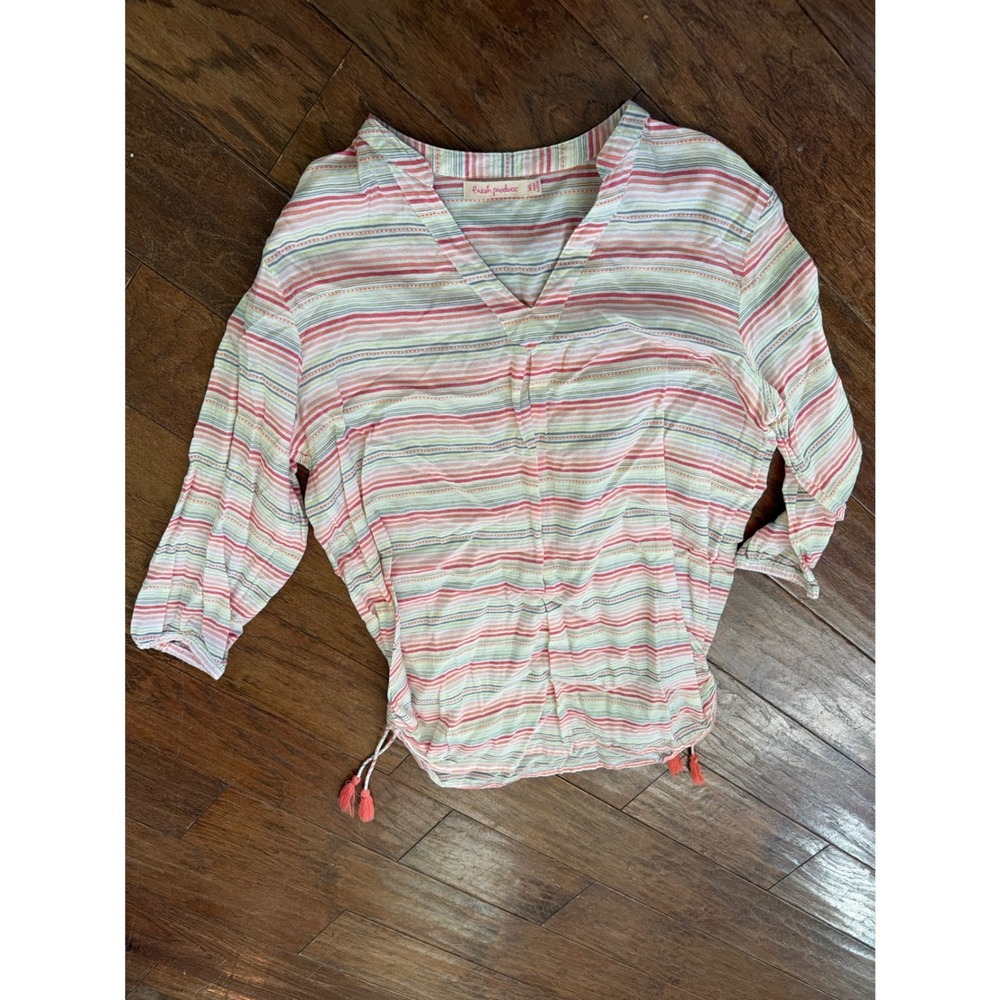 Fresh Produce Womens Medium M/Lβ Cotton Gauze Striped Boho Top Coral Yellow
